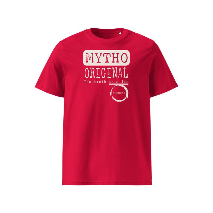 T-shirt unisexe rouge, vu de face et portant le design "Mytho Original" en version anglaise et coloré en blanc craie