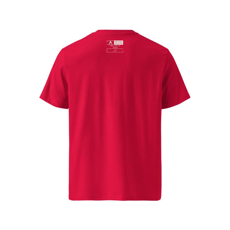 T-shirt unisexe rouge, vu de dos et portant l'étiquette de la collection "Mytho" coloré en blanc craie