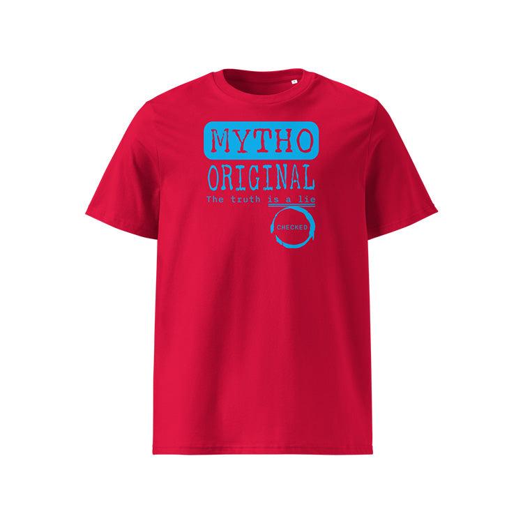 T-shirt unisexe rouge, vu de face et portant le design "Mytho Original" en version anglaise et coloré en cyan