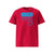 T-shirt unisexe rouge, vu de face et portant le design "Mytho Original" en version anglaise et coloré en cyan