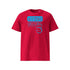 T-shirt unisexe rouge, vu de face et portant le design "Mytho Original" en version anglaise et coloré en cyan