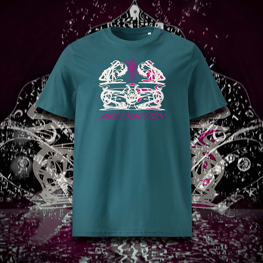 T-shirt unisexe stargazer, vu de face et portant le design "Abstraction 1" coloré en blanc craie et magenta