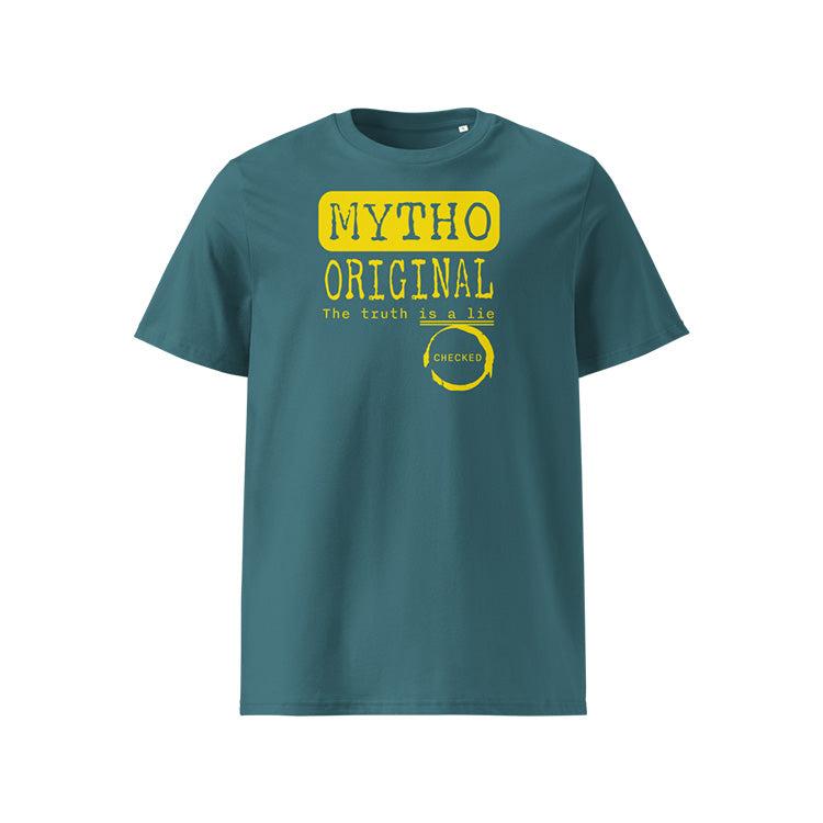 T-shirt unisexe stargazer, vu de face et portant le design "Mytho Original" en version anglaise et coloré en jaune soleil