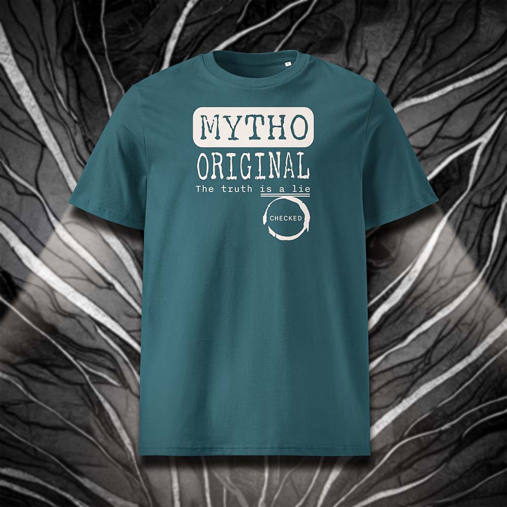 T-shirt unisexe stargazer, vu de face et portant le design "Mytho Original" en version anglaise et coloré en blanc craie