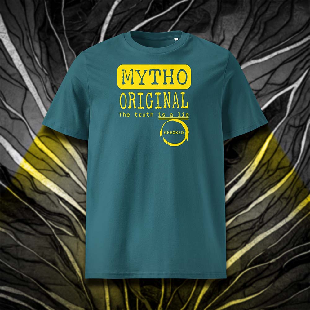 T-shirt unisexe stargazer, vu de face et portant le design "Mytho Original" en version anglaise et coloré en jaune soleil