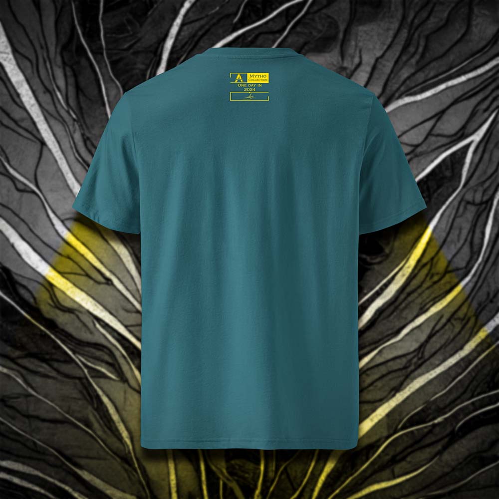 T-shirt unisexe stargazer, vu de dos et portant l'étiquette de la collection "Mytho" coloré en jaune soleil