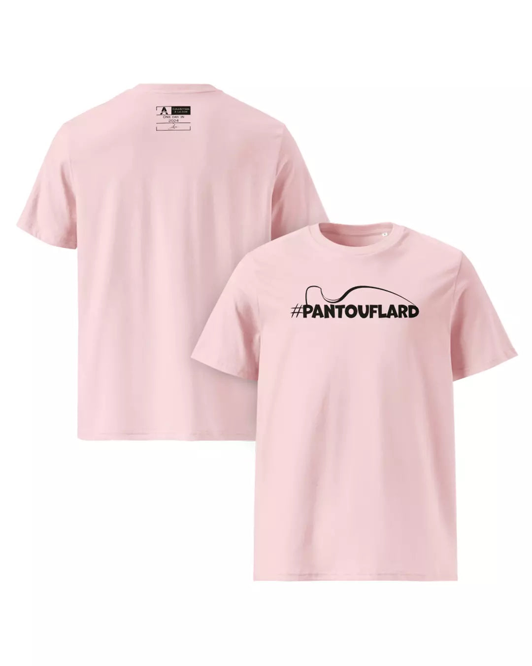 T-shirt rose pantouflard vu de face et de dos