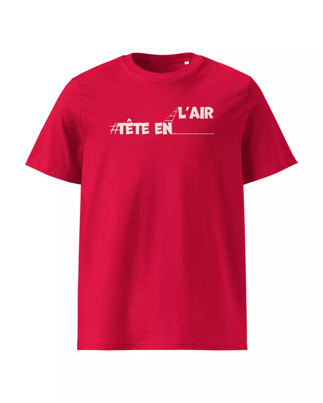 T-shirt rouge "Tête en l'air" vu de face