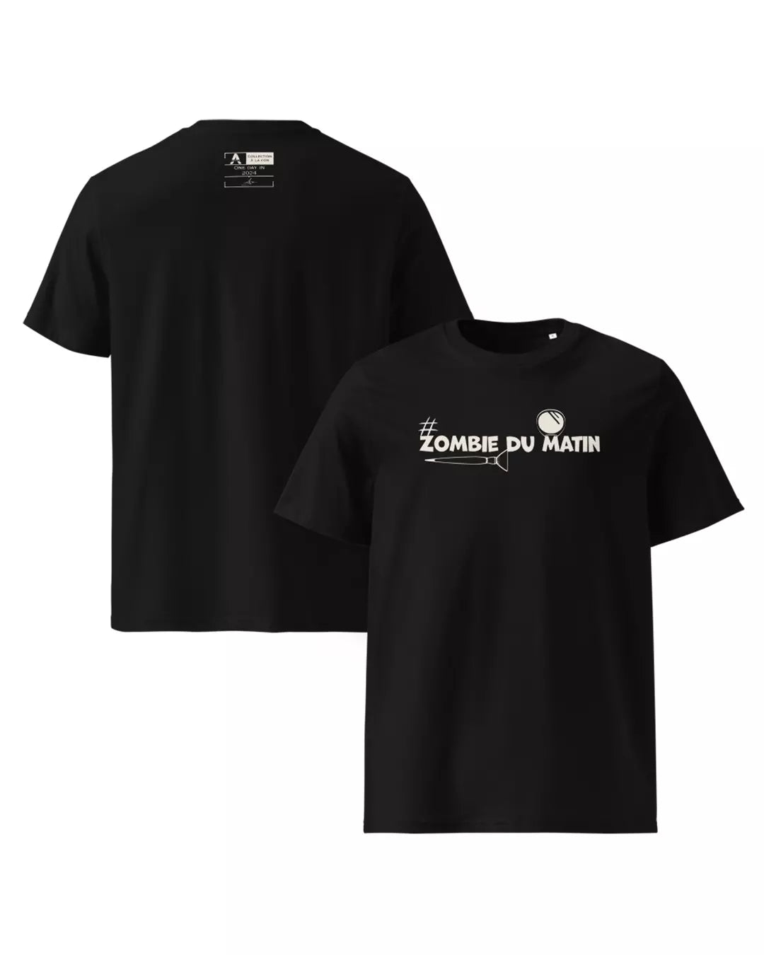 T-shirt wtf noir "Zombie du matin" vu de face et de dos
